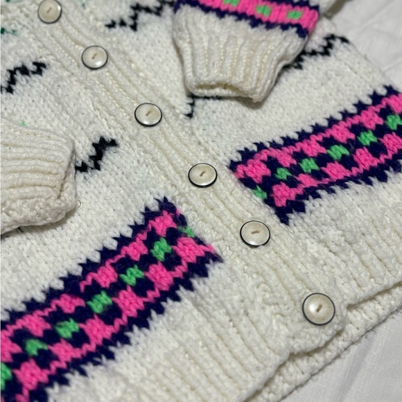 Vintage Cozy Knit Kids Sweater - Cream with Pink and Green Accents - Picture 4 of 9